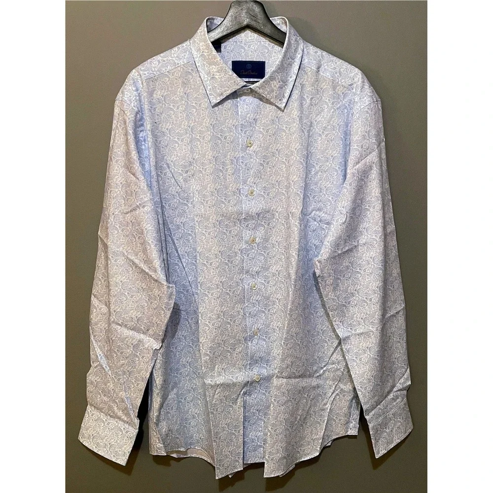 David Donahue Mens XL Light Blue Paisley Print 100% Cotton Button Down Shirt